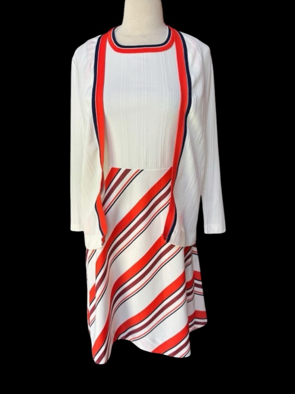 1960s/70s Poly Striped A-Line Dress & Matching Cardigan